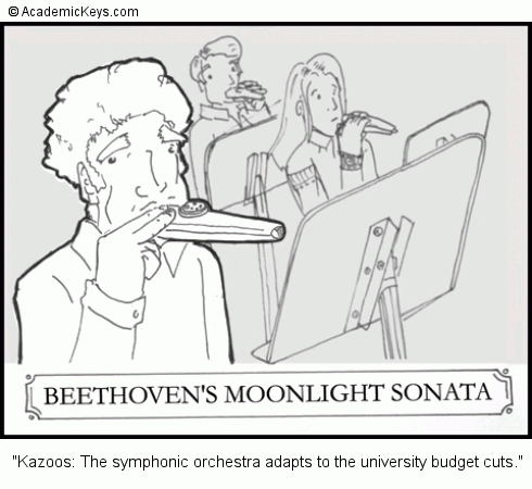 Cartoon #53, Kazoos: The symphonic orchestra adapts to the university budget cuts.